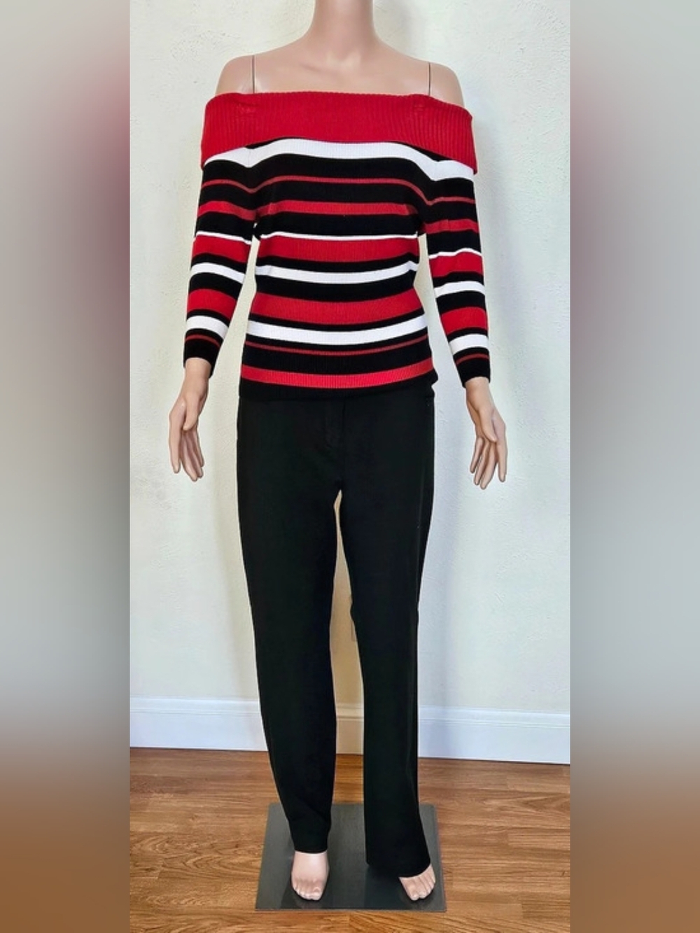 Striped Off-the-Shoulder Sweater in Red & Black Like New